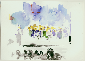 Adam Scymczyk talking in front of the chorus. Kirsten Kötter, water colour, 17 x 24 cm