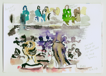 Friends of the Kassel NSU victim Halit Yosgat are speaking, people from the audience stand up spontanously, also the two young women in front of me. Kirsten Kötter, water colour, 12 x 17 cm